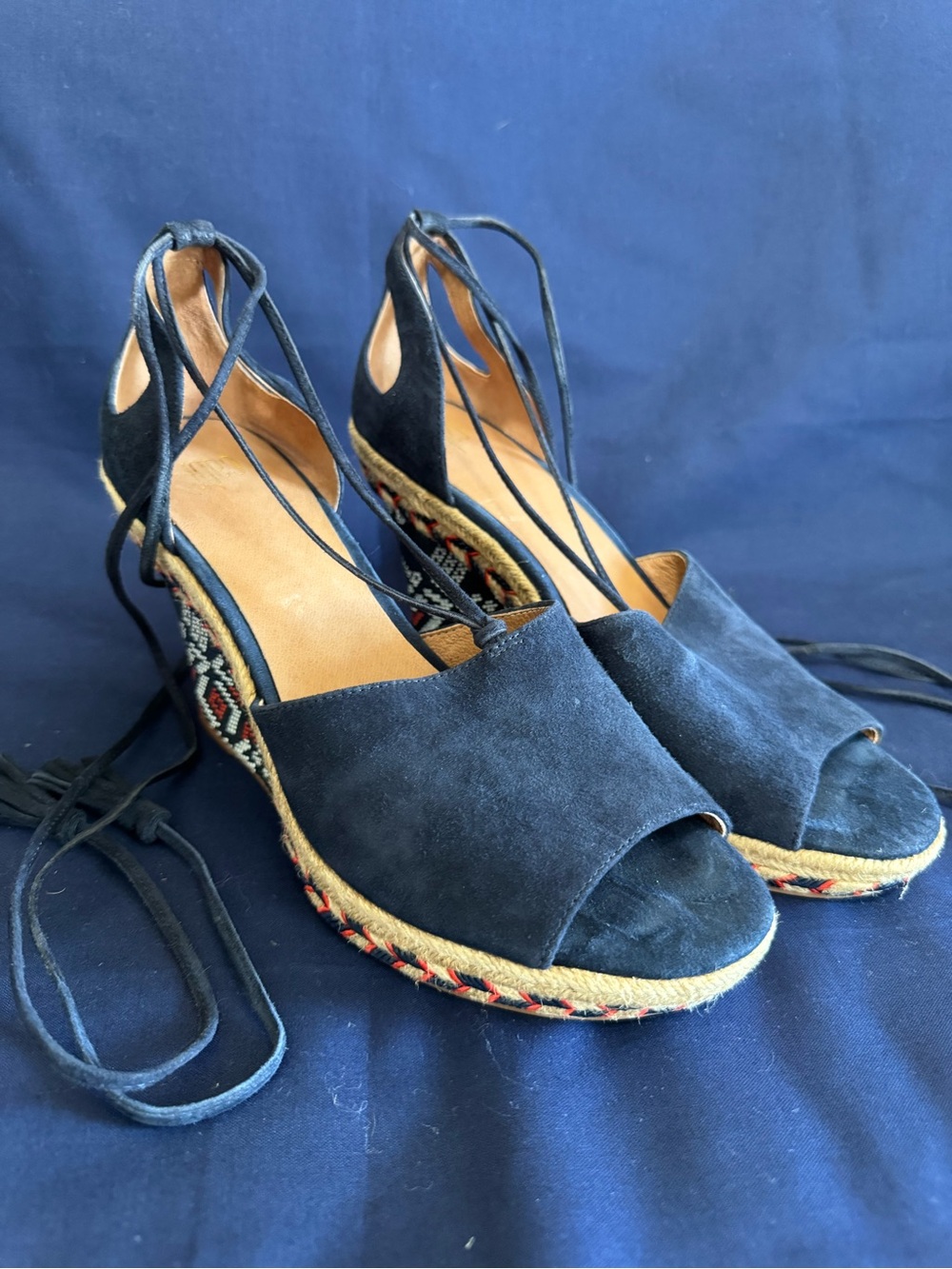 CAbi Navy Suede Espadrille Wedges with Ankle Tie